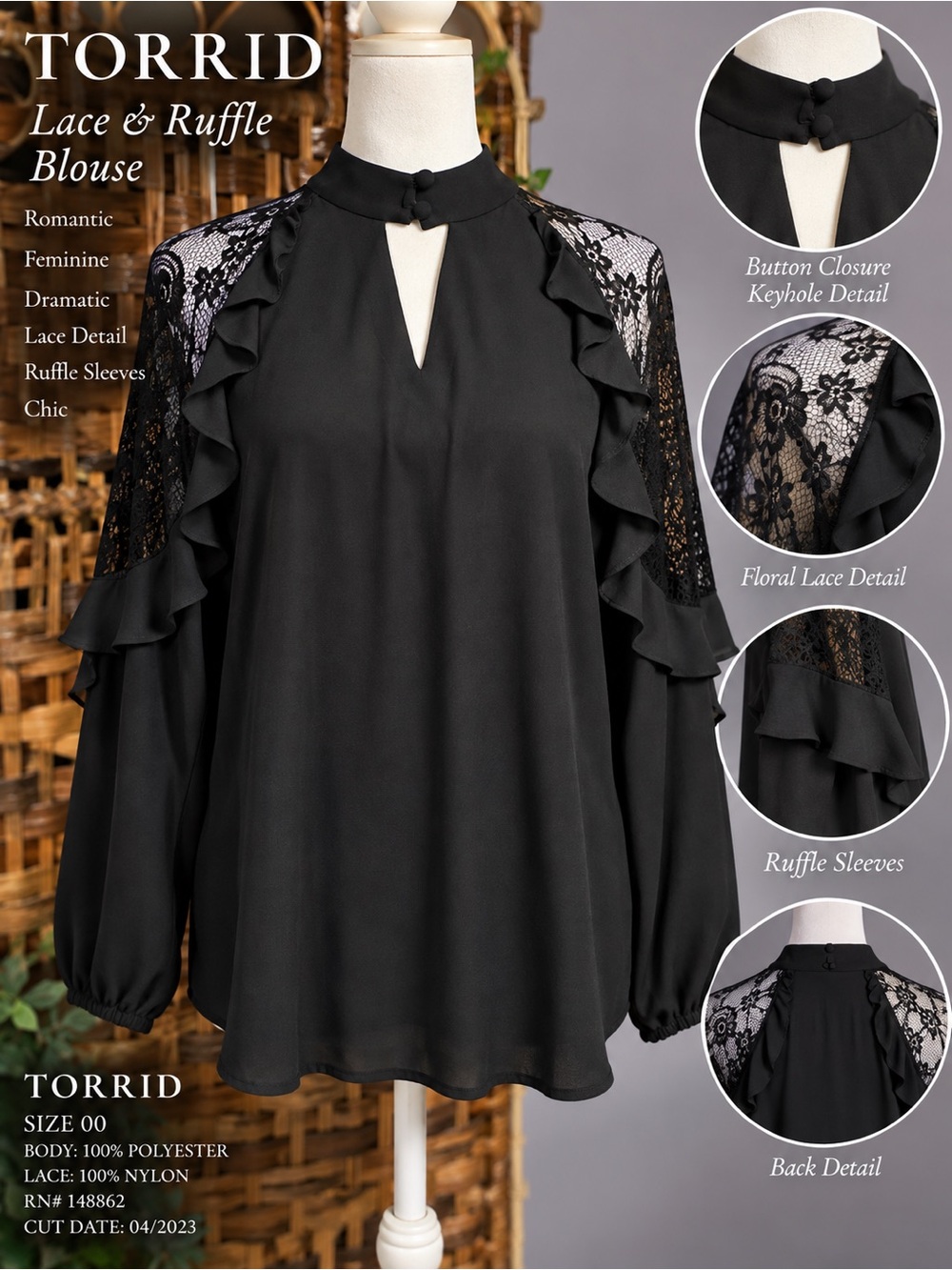 Torrid Black Lace Ruffle Keyhole Blouse